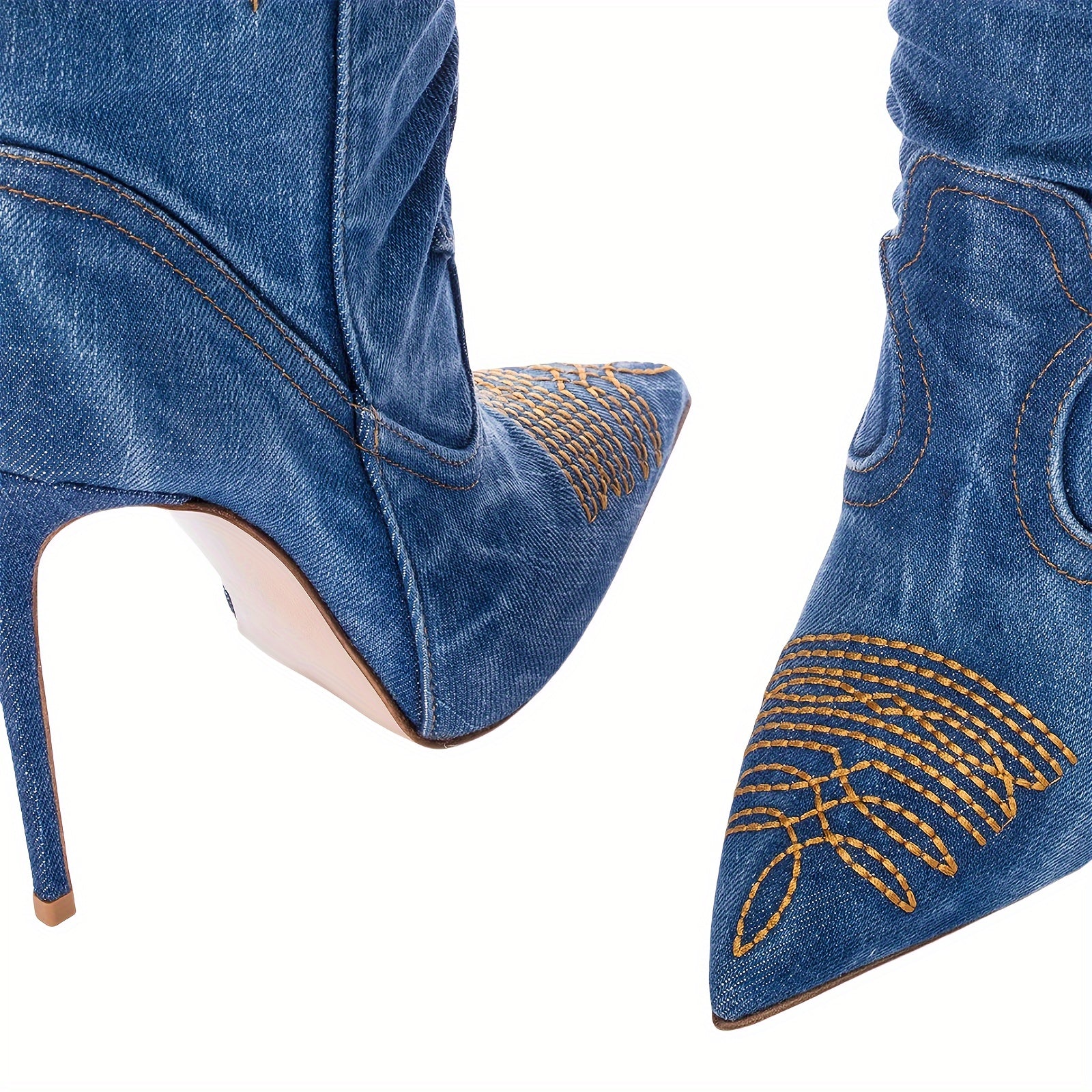 Women's Denim Knee-High Boots with Pointed Toes and Stiletto Heels