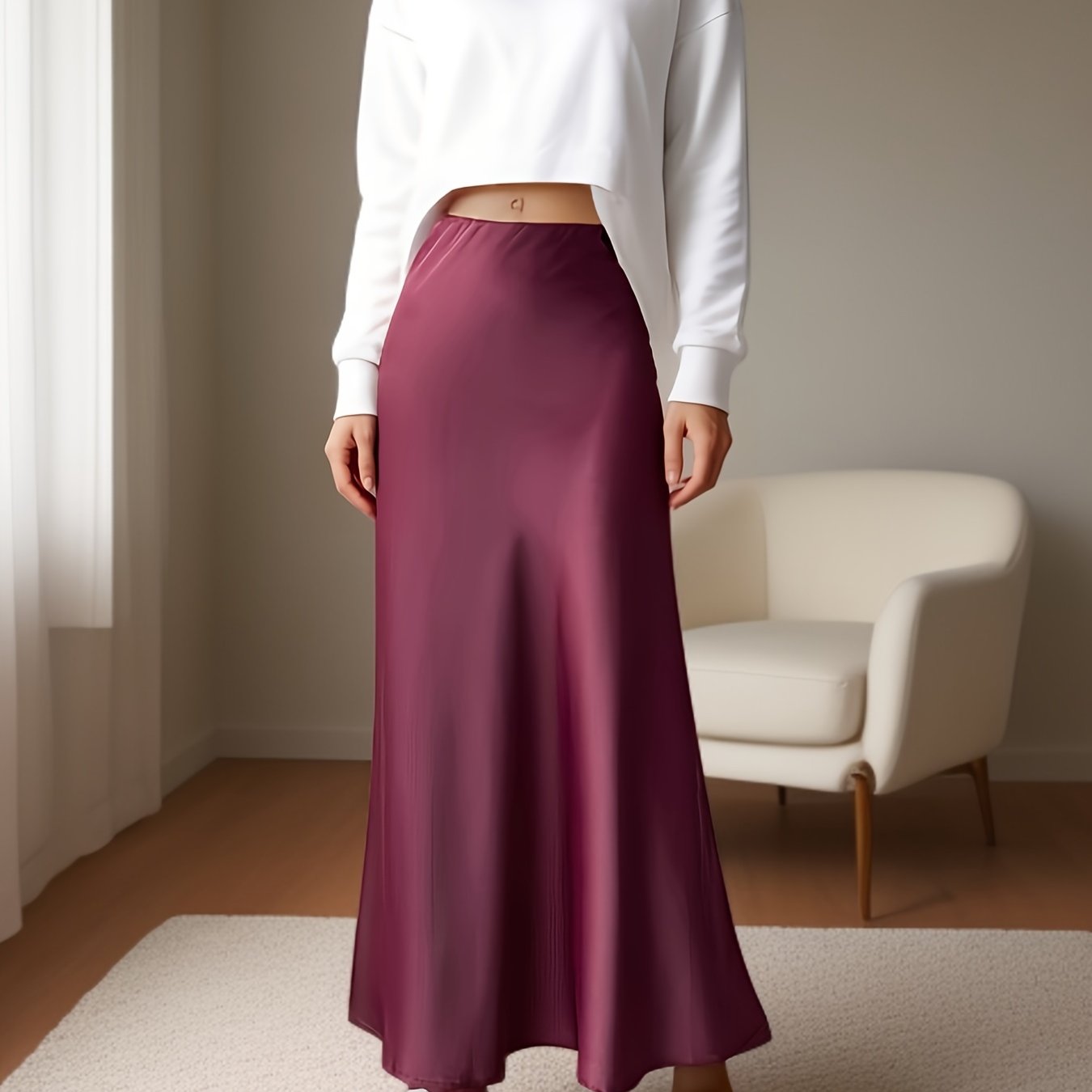 Women's Satin Midi Skirt Fishtail Design Elastic Waist Solid Color Summer