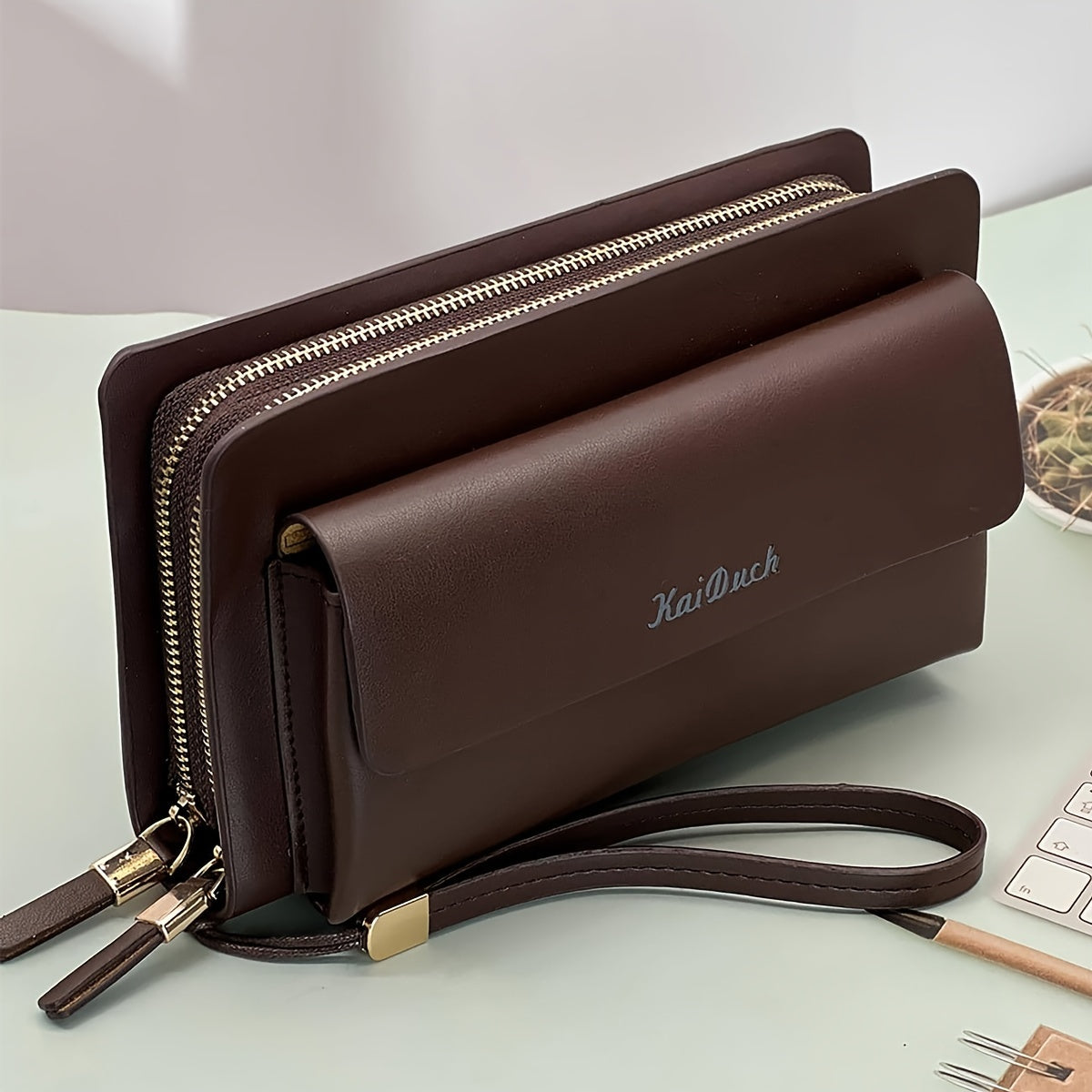 Men's Vintage Clutch Bag with Dual Zippers Large Capacity Card Slots Business Gift