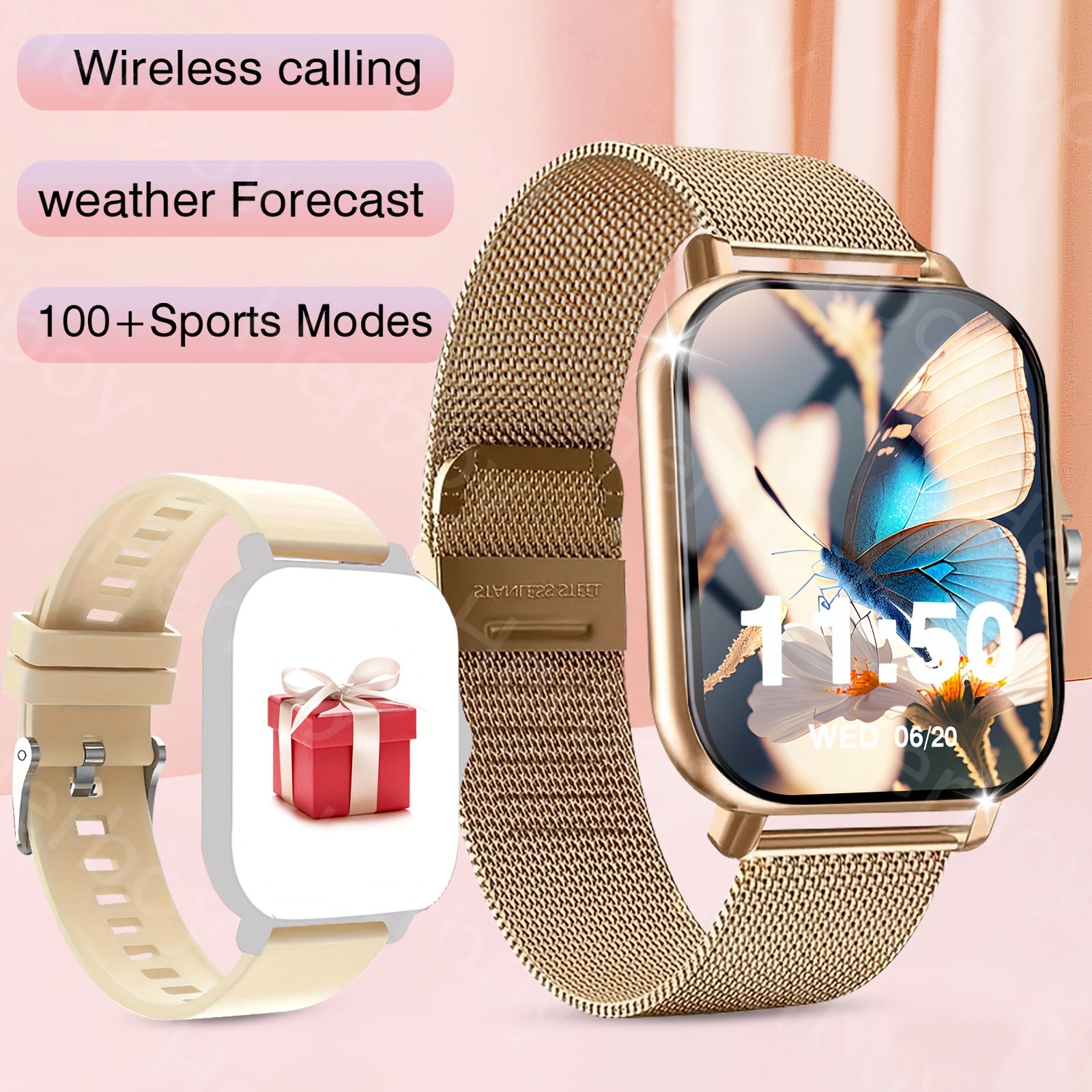 2025 Smart Watch with Wireless Calls SMS Notifications Fitness Tracker Pink Silicone Band Compatible with iPhone Android