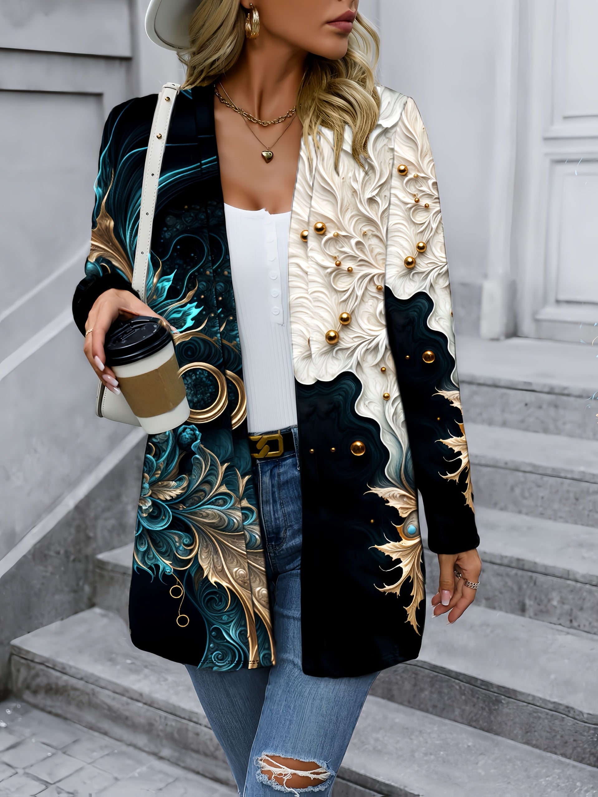 Coral Pearl Print Knit Cardigan for Women All-Season V-Neck Casual