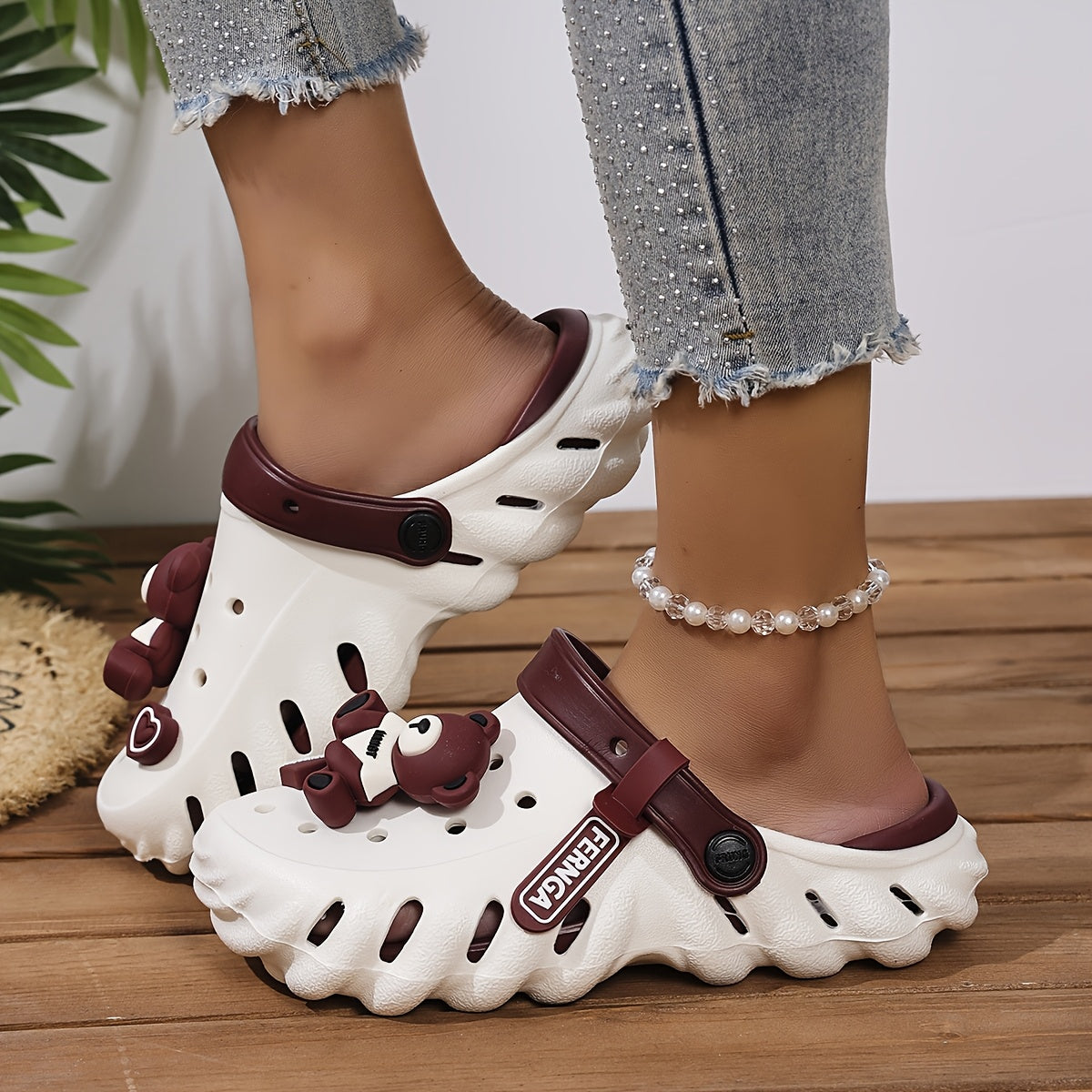 Women's Thick-Soled Clogs with Bear Decor, Hollow-Out Design, Breathable Summer Shoes