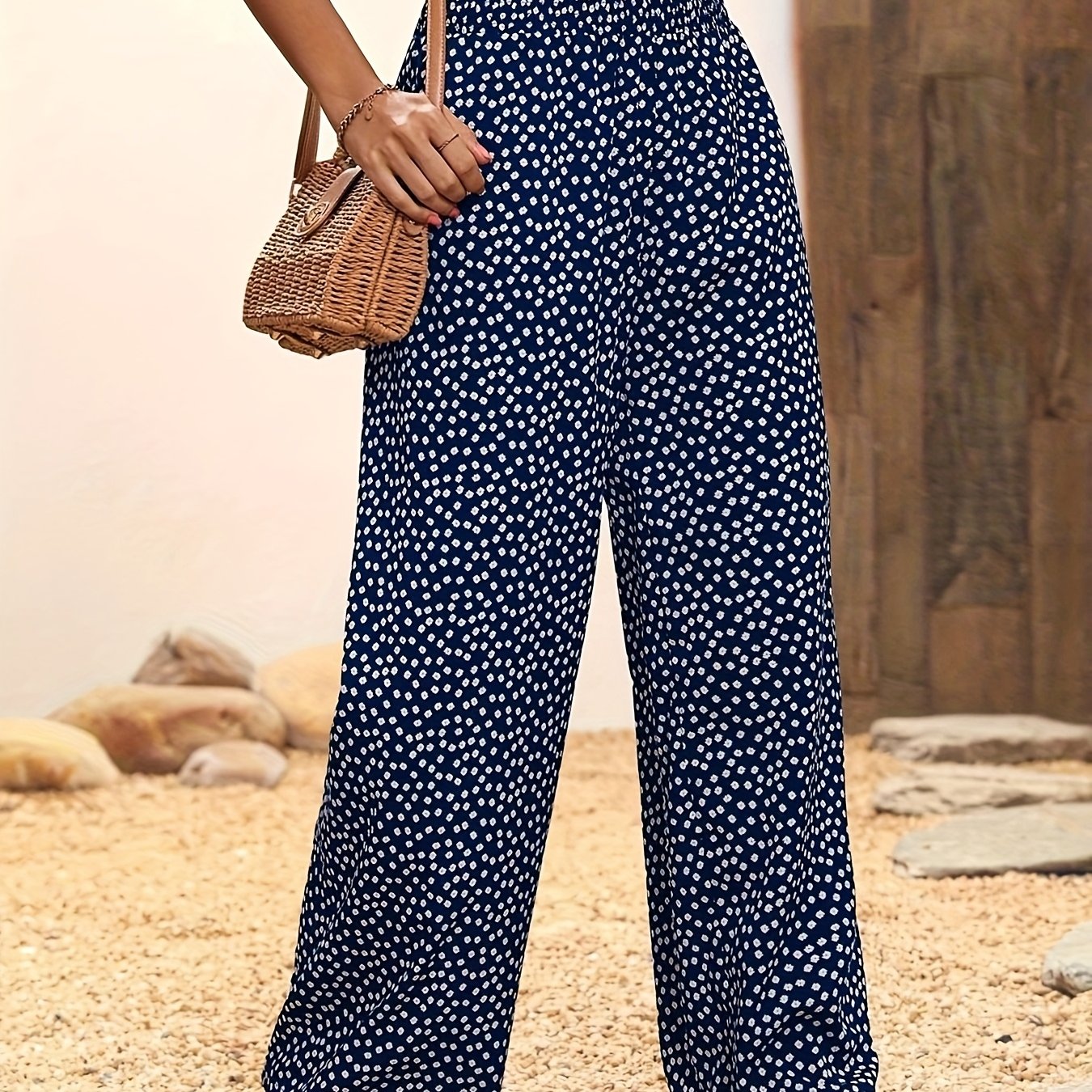 Women's Floral Print Wide-Leg Pants Black White Ditsy Pattern Casual Summer