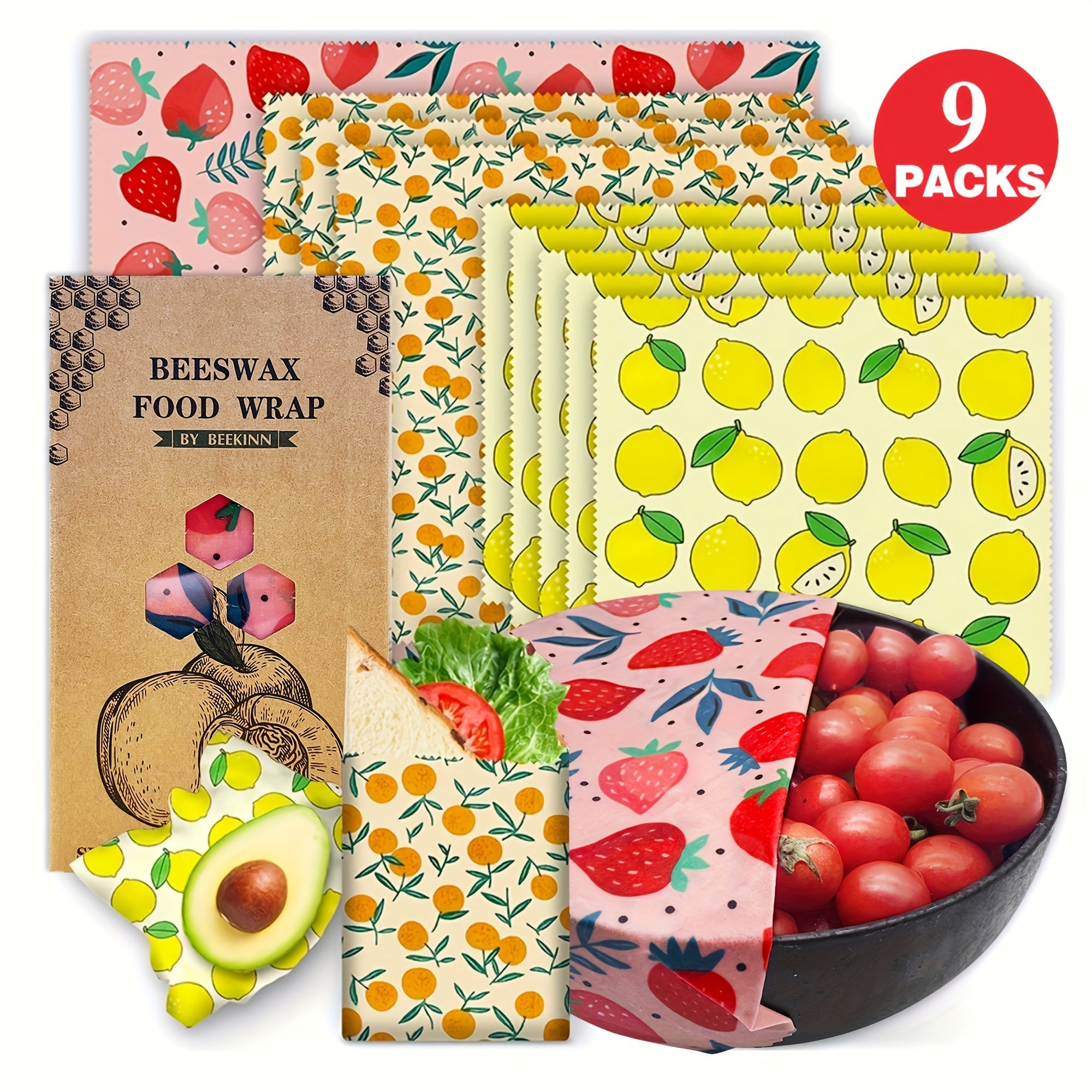 Food Covers Set 9 Pieces Beeswax Wraps Reusable Food Preservation for Leftovers and Fruits