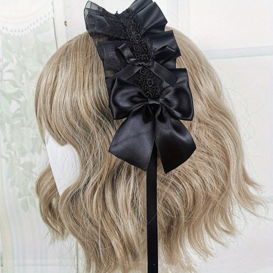 Ruffled Lace Ribbon Bow Headband with Hairpins for Girls in Contrasting Colors