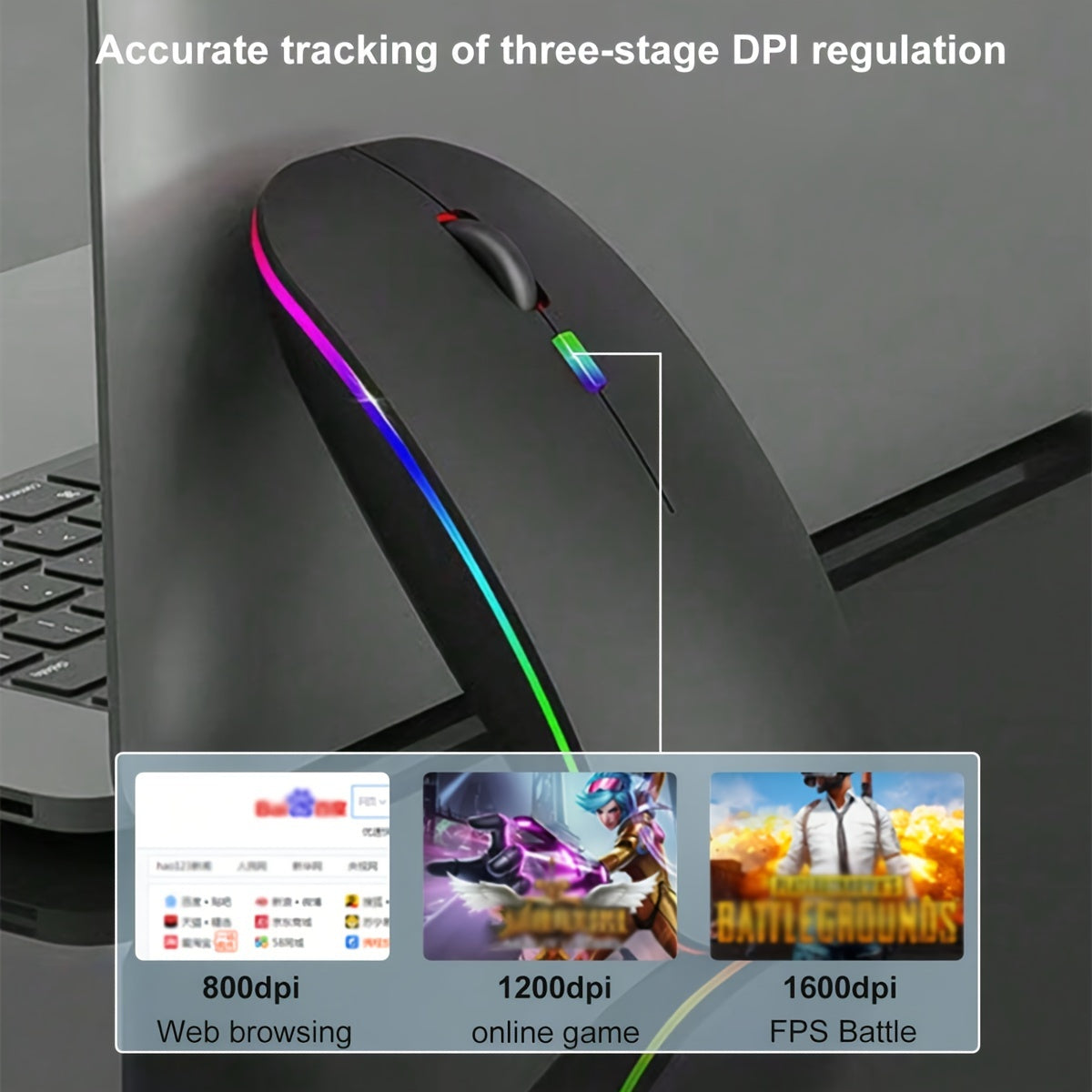Wireless Mouse for Laptop and Desktop Dual Mode Silent RGB Backlight Battery Powered