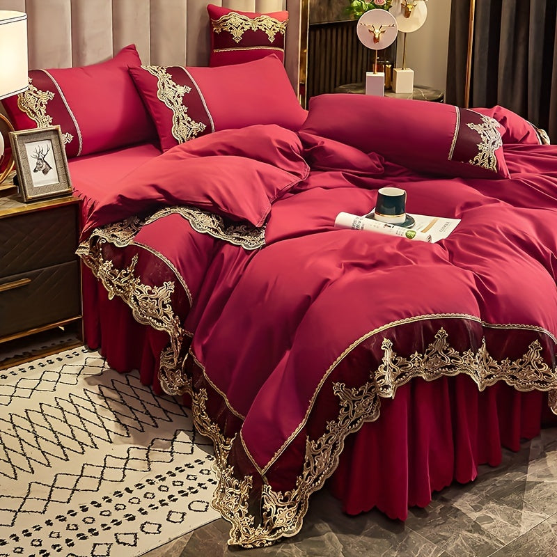Luxury Red Lace Duvet Cover Set with Pillowcases for Bedroom or Guest Room