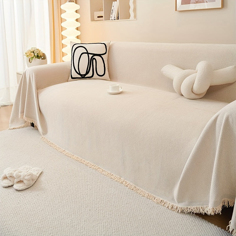 Chenille Sofa Throw Waterproof Baby Fleece Cover All-Season Universal Fit Tassel Machine Washable
