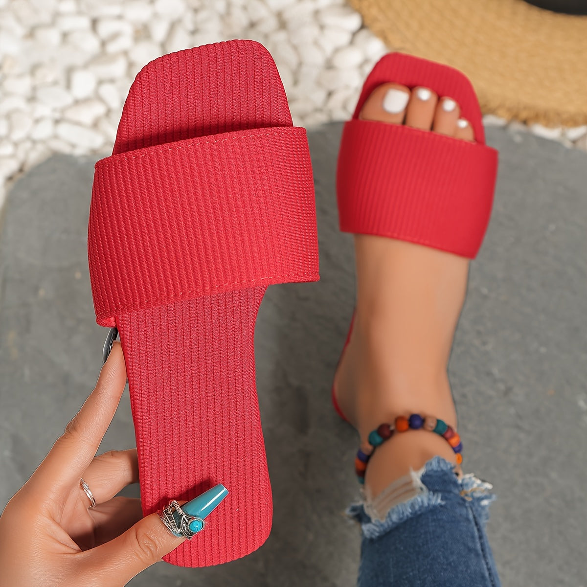Women's Solid Color Slide Sandals Cushion Flat Summer Shoes Open Toe