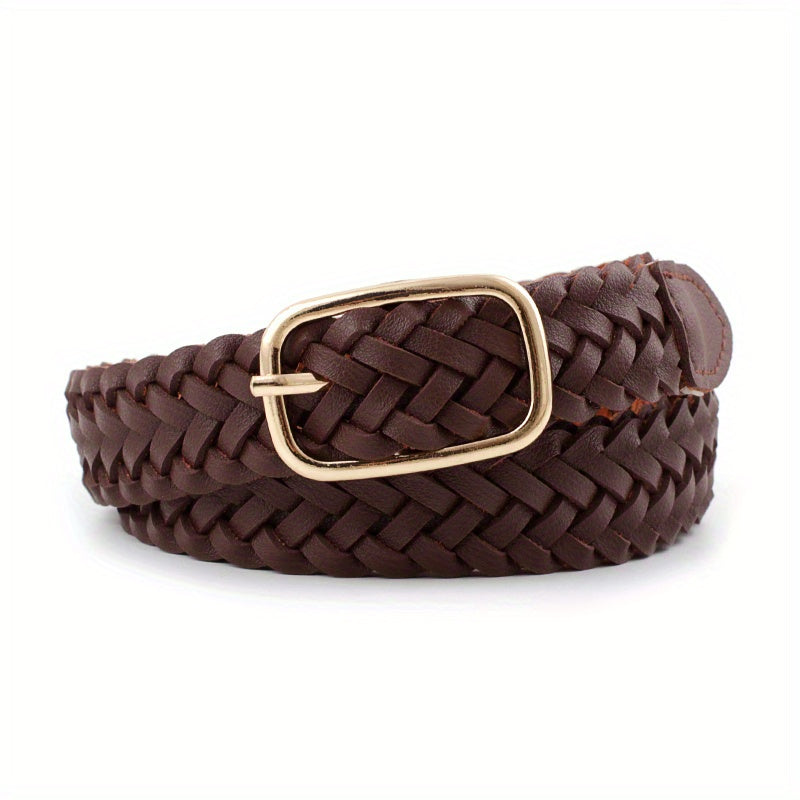 Women’s Woven Leather Belt Square Buckle for Coats and Jeans