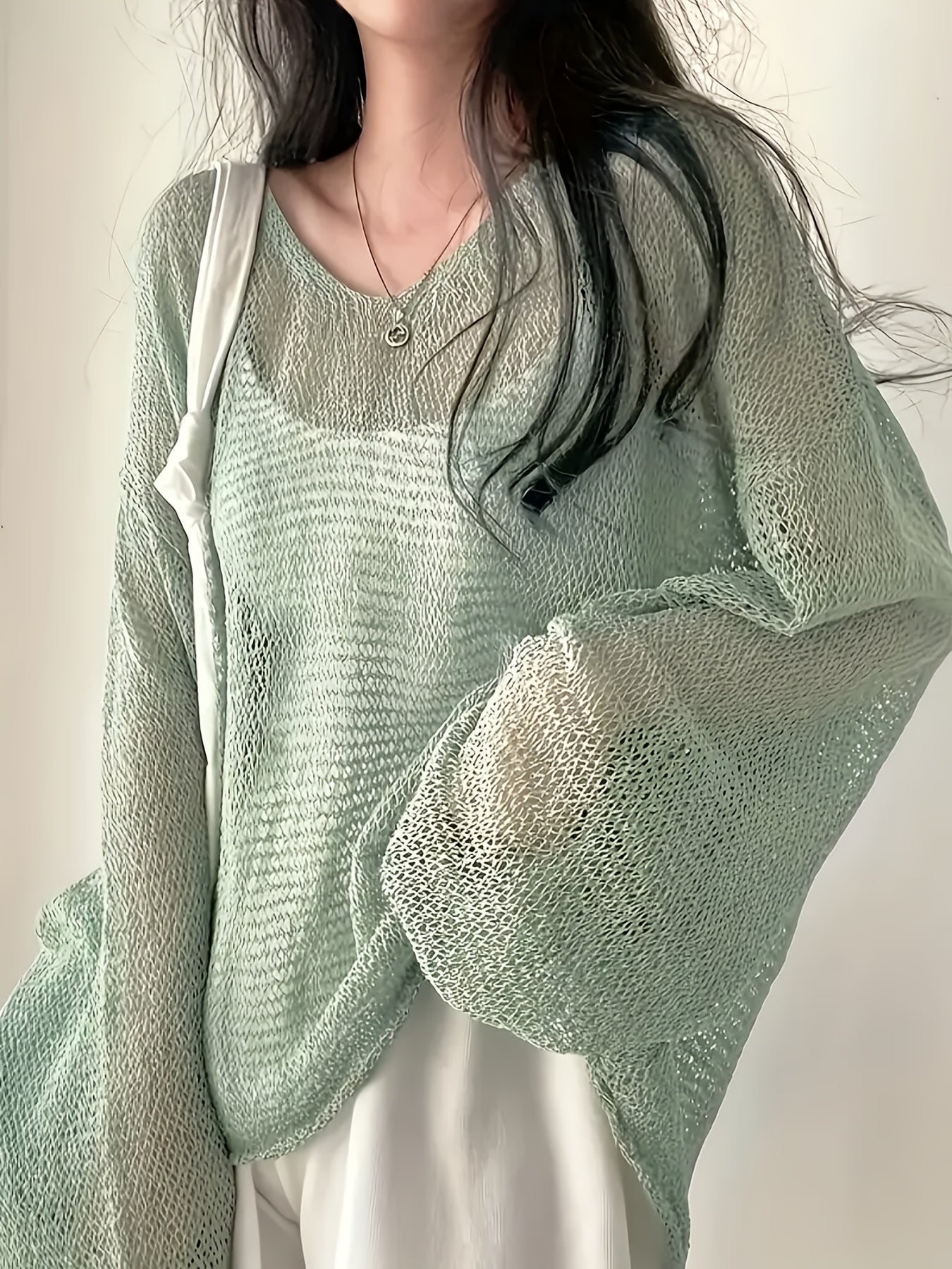 Plus Size Women Light Green V-Neck Cardigan Long Sleeve Loose Fit