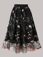 Falda midi floral para mujer con malla de contraste primavera verano de poliéster tejido