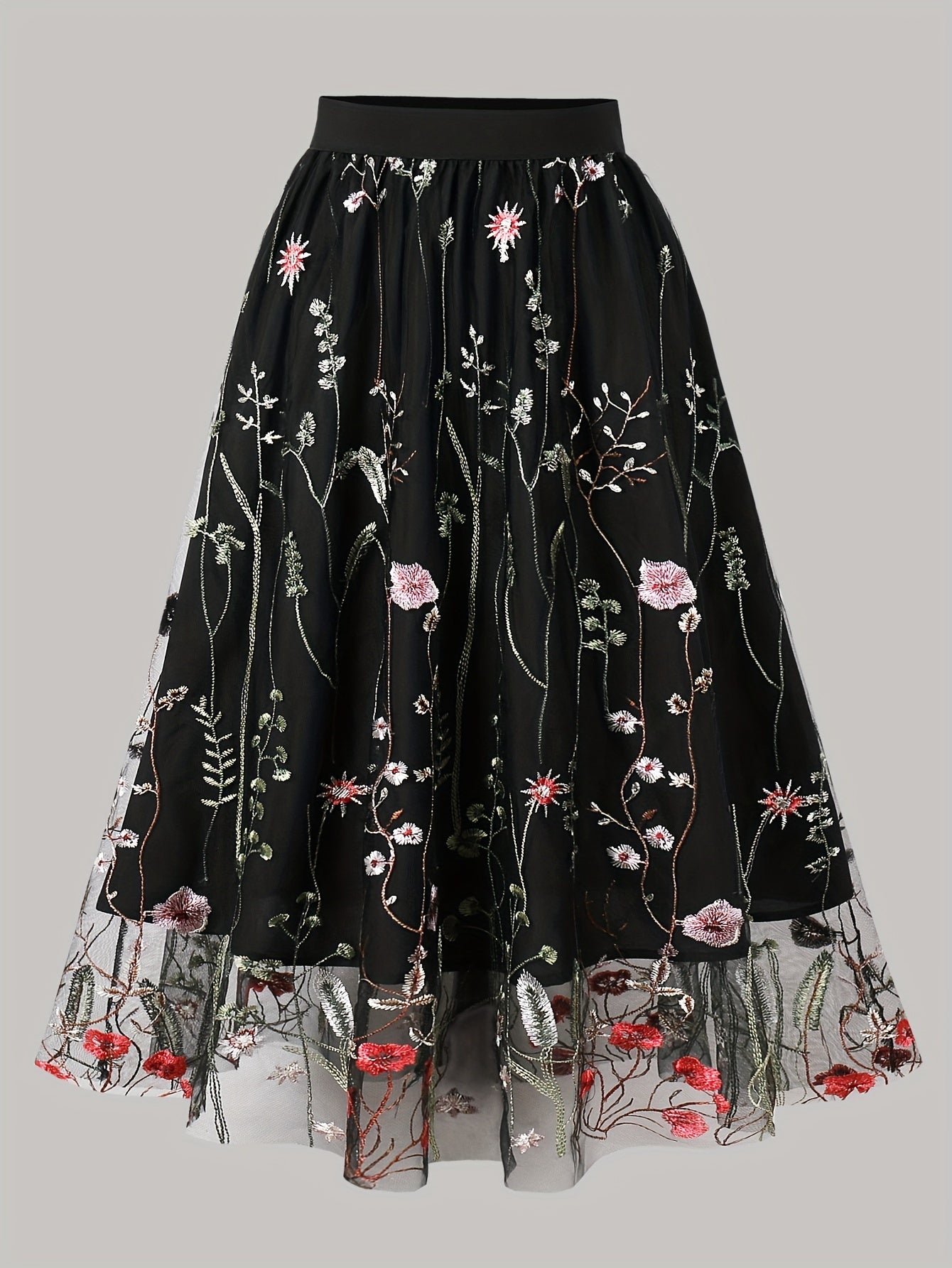 Falda midi floral para mujer con malla de contraste primavera verano de poliéster tejido