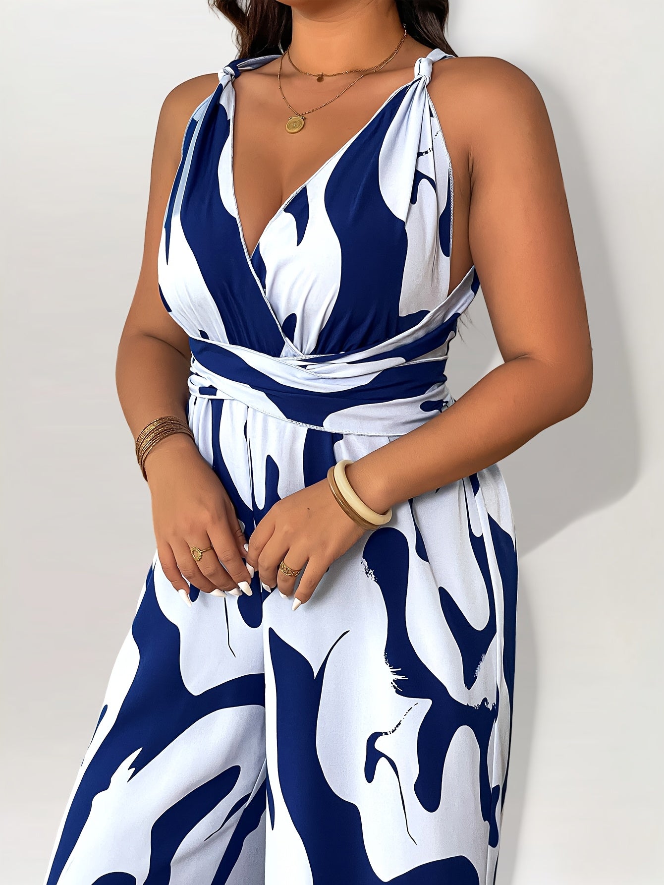Plus Size Women's Printed Tie-Waist Backless Jumpsuit