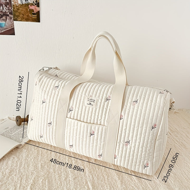 Travel Duffel Bag for Teens and Adults Quilted Pattern Tulip Embroidery Large Capacity