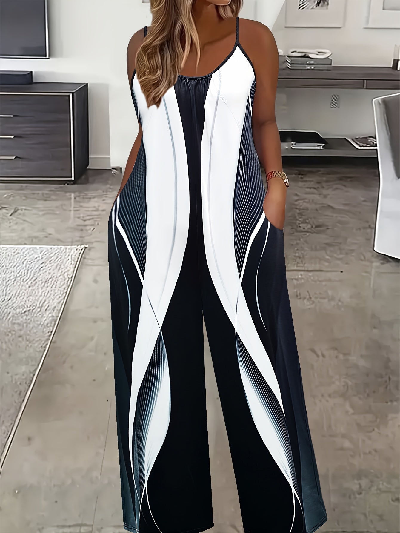 Plus Size Color Block Cami Jumpsuit Casual Sleeveless Pants with Pockets