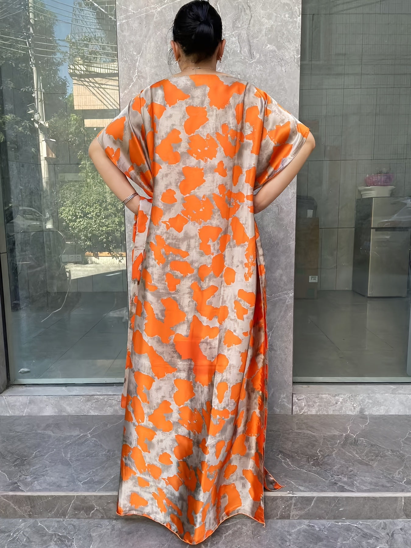 Women's Plus Size Floral Print Tunic Dress with Scarf Short Sleeve Casual Long Dress