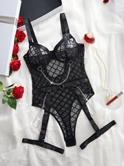 Women's Red Plaid Corset with Chain Details and Lace Trim with Mesh Bodysuit