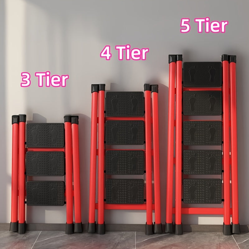 Red 4-Step Folding Ladder Stool with Wide Non-Slip Pedals Lightweight and Portable