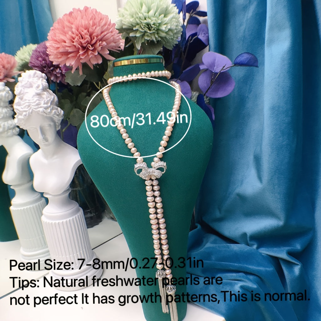 Freshwater Pearl Necklace with Cubic Zirconia Bow for Special Occasions