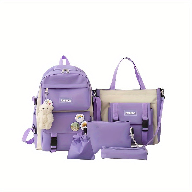 5ta qismli maktab sumkasi to'plami o'smirlar va bolalar uchun Oxford sumkasi, mo'ynali ayiqcha tanga hamyoni, qalam sumkasi va chizilgan sumka, ko'k bej