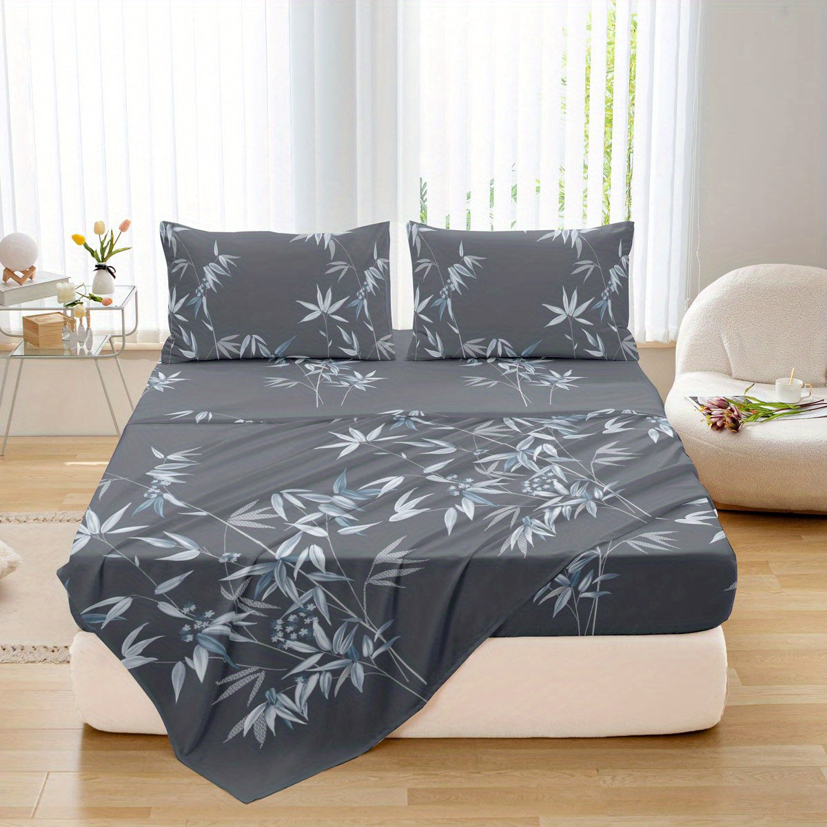 Conjunto de ropa de cama con estampado de hojas de bambú transpirable que incluye sábanas planas y ajustables, fundas de almohada, 4 piezas