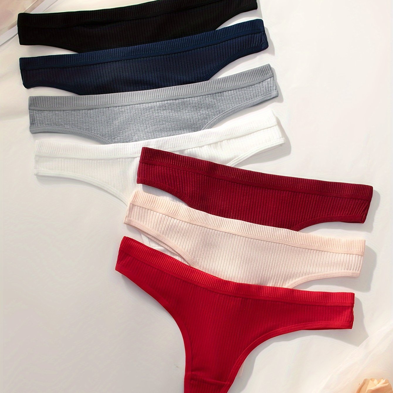 7-Pack Women's Ribbed Solid Color Thongs Polyester Blend Casual Underwear