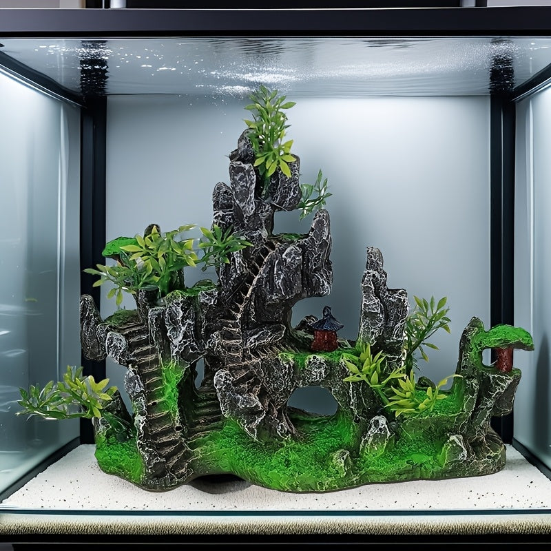 Resin Aquarium Decoration with Mountain Design and Miniature Plants