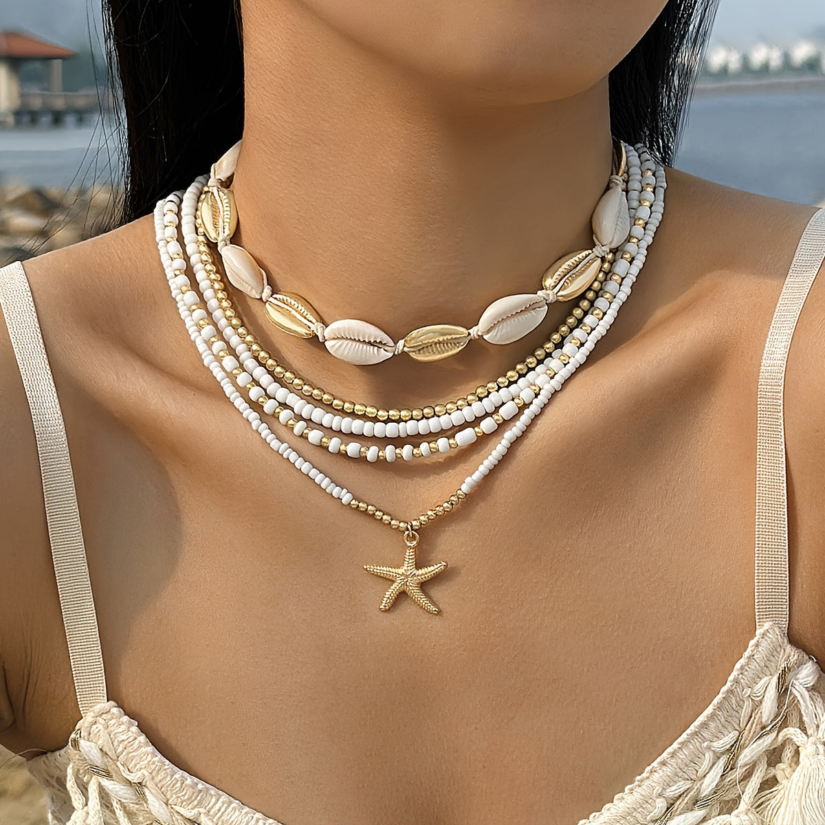 Conjunto de collar de estrella de mar bohemio para mujer, vacaciones en la playa, 5 piezas