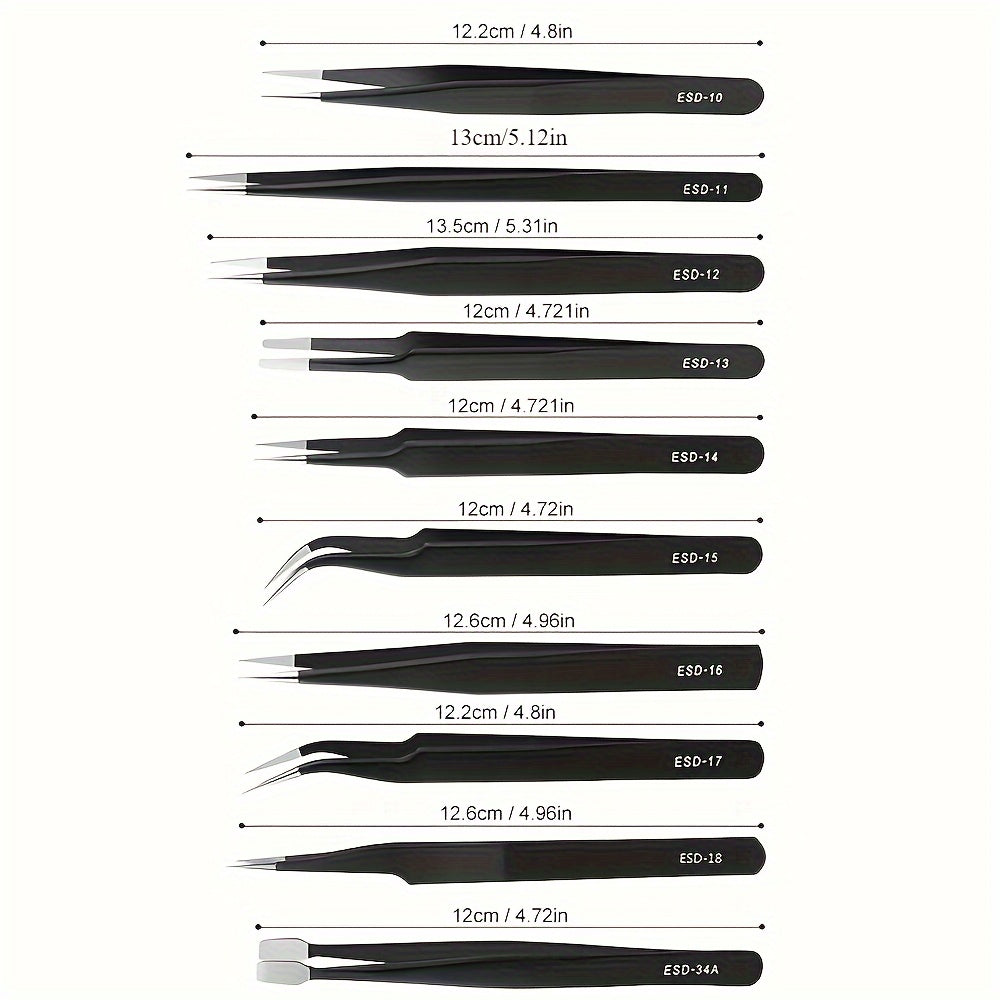 10-Piece Anti-Static Stainless Steel Tweezers Set for Electronics and Model Making