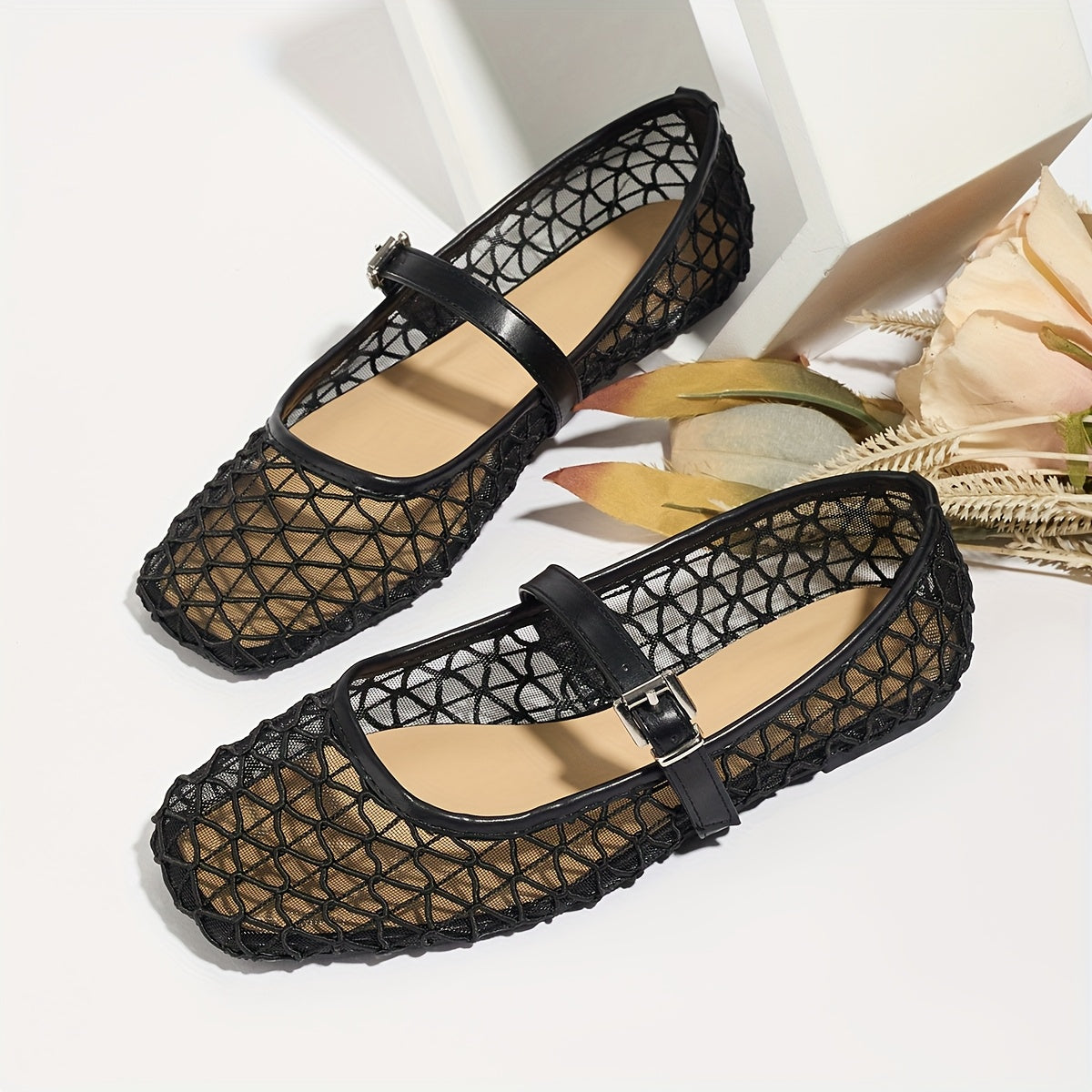 Women's Breathable Mesh Mary Jane Flats Summer Ballet Shoes with Square Toe
