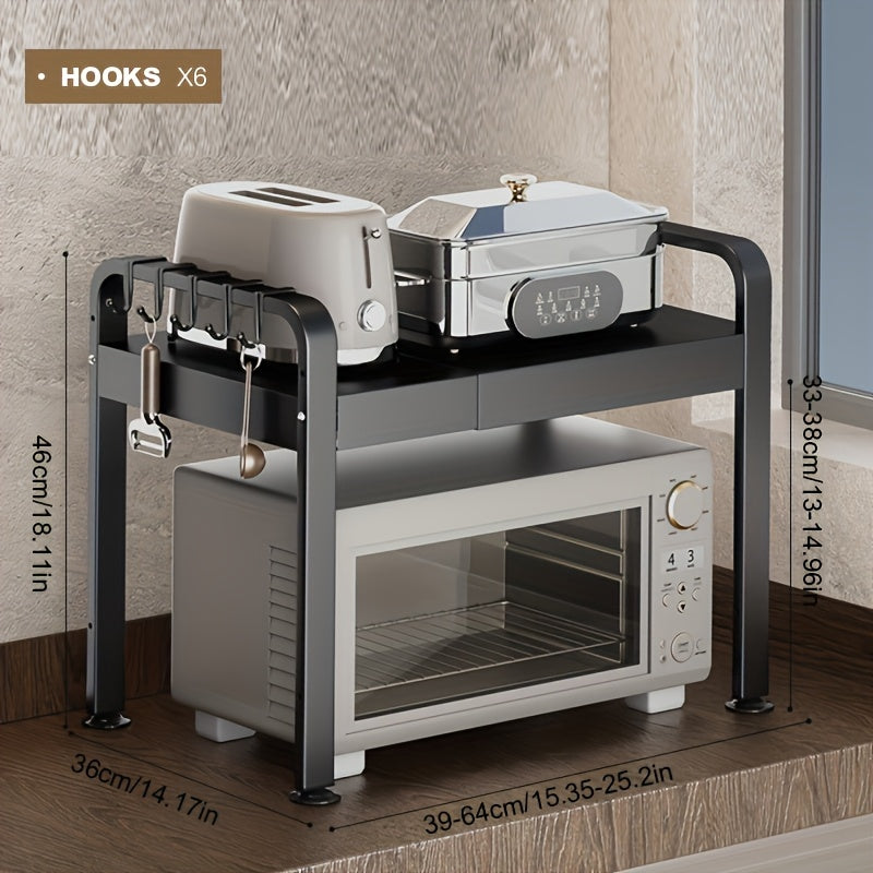 2 Tier Expandable Microwave Oven Rack with Hooks Pot Lid Support Spice Jar Organizer