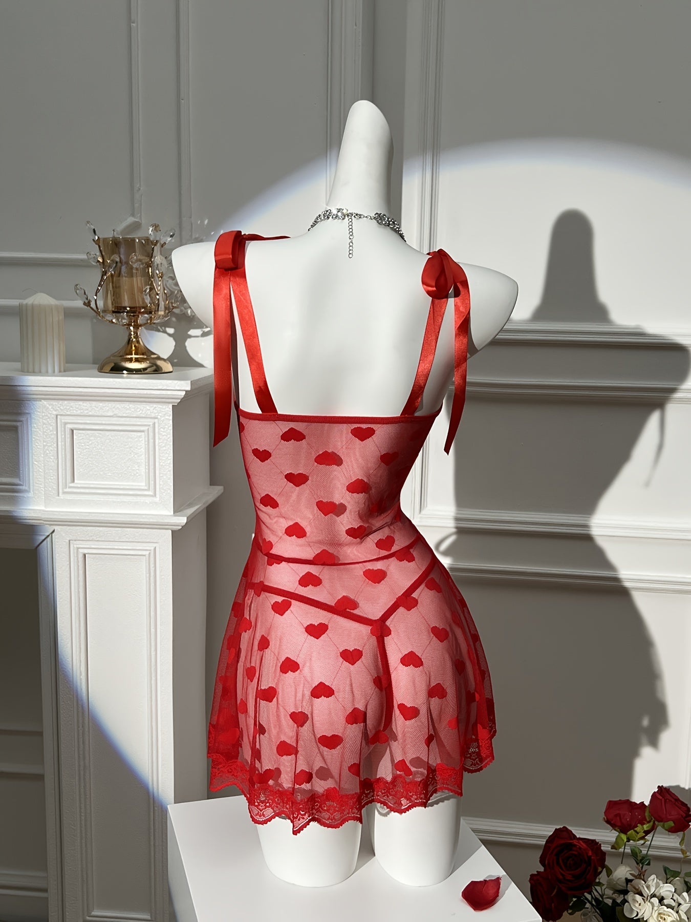 Red Sheer Mesh Lace-Up Lingerie Dress with Thong Heart Pattern Drop Waist No Padding