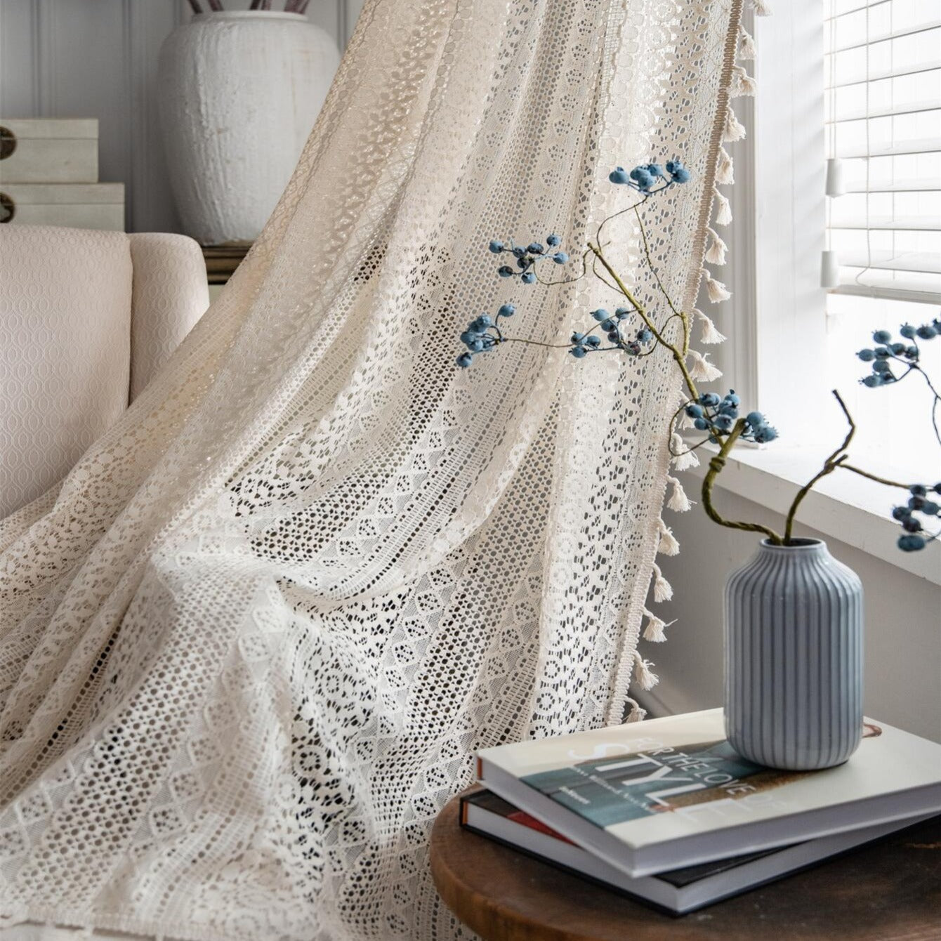 Beige Boho Curtains with Fringe and Gold Details UV Protection Rod Pocket for Living Room Kitchen