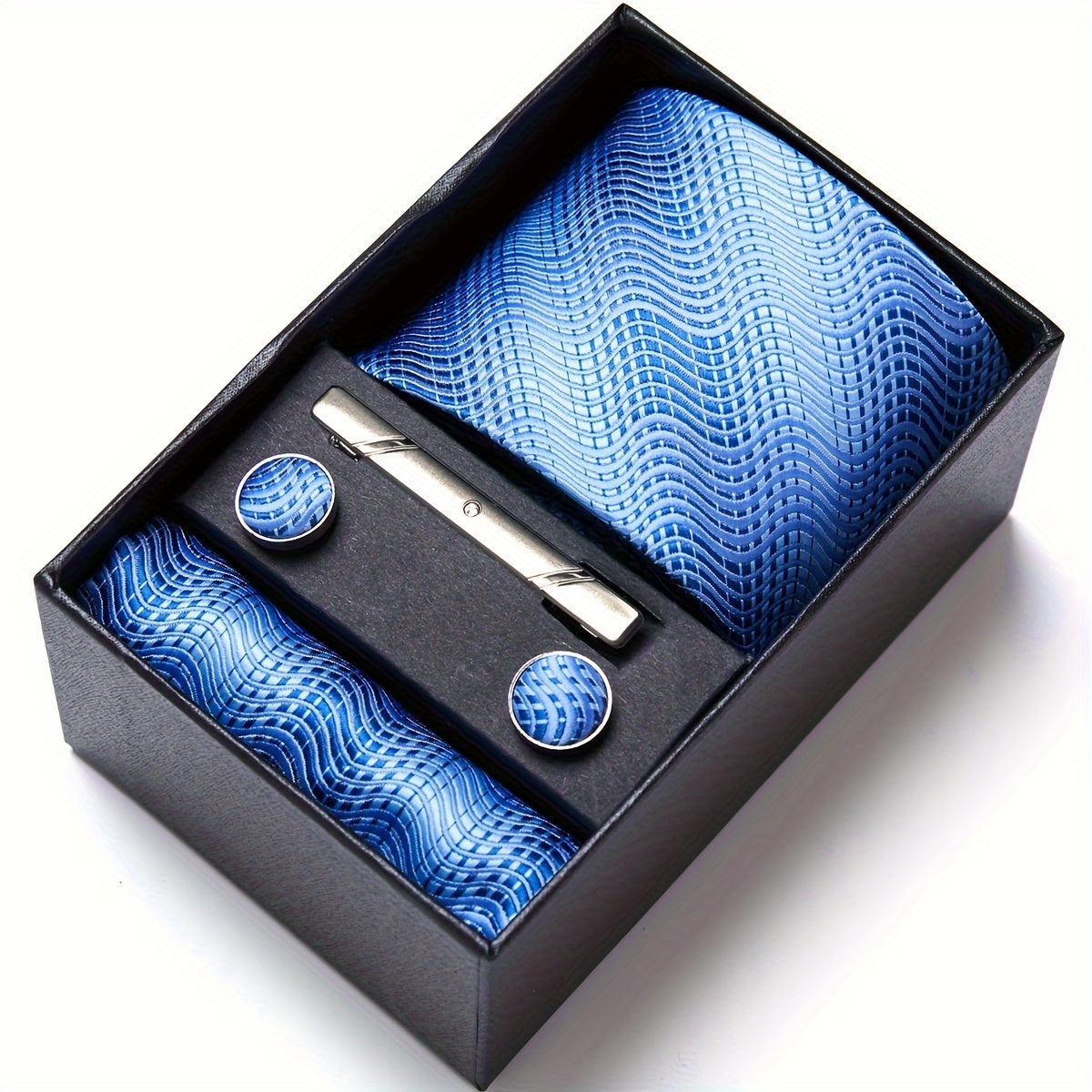 Men's Blue Tie Set with Pocket Square Cufflinks and Tie Clip for Weddings and Occasions