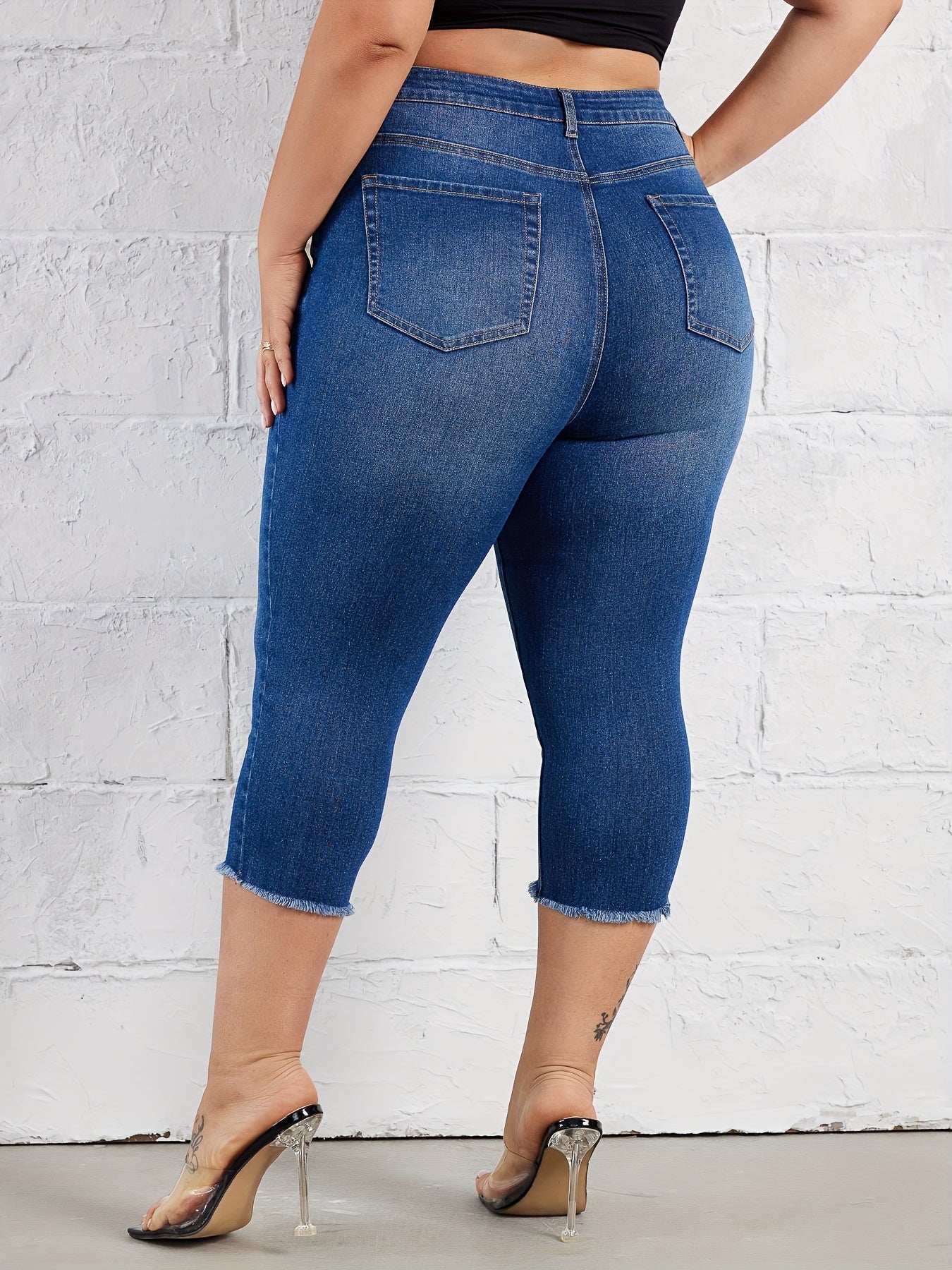 Women's Elastic Mid-Blue High Waist Fringed Jeans Seven-Eighths