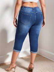 Plus Size Women's High Stretch Denim Capris in Washed Blue with Whiskering