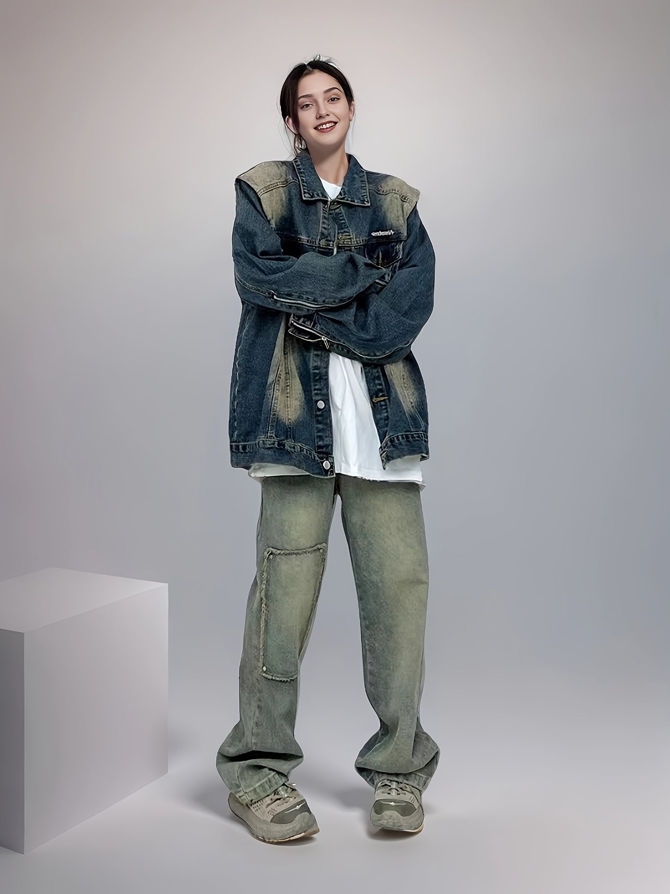 Chaqueta vaquera de mujer con hombreras, ajuste holgado, lavado azul, ropa exterior casual