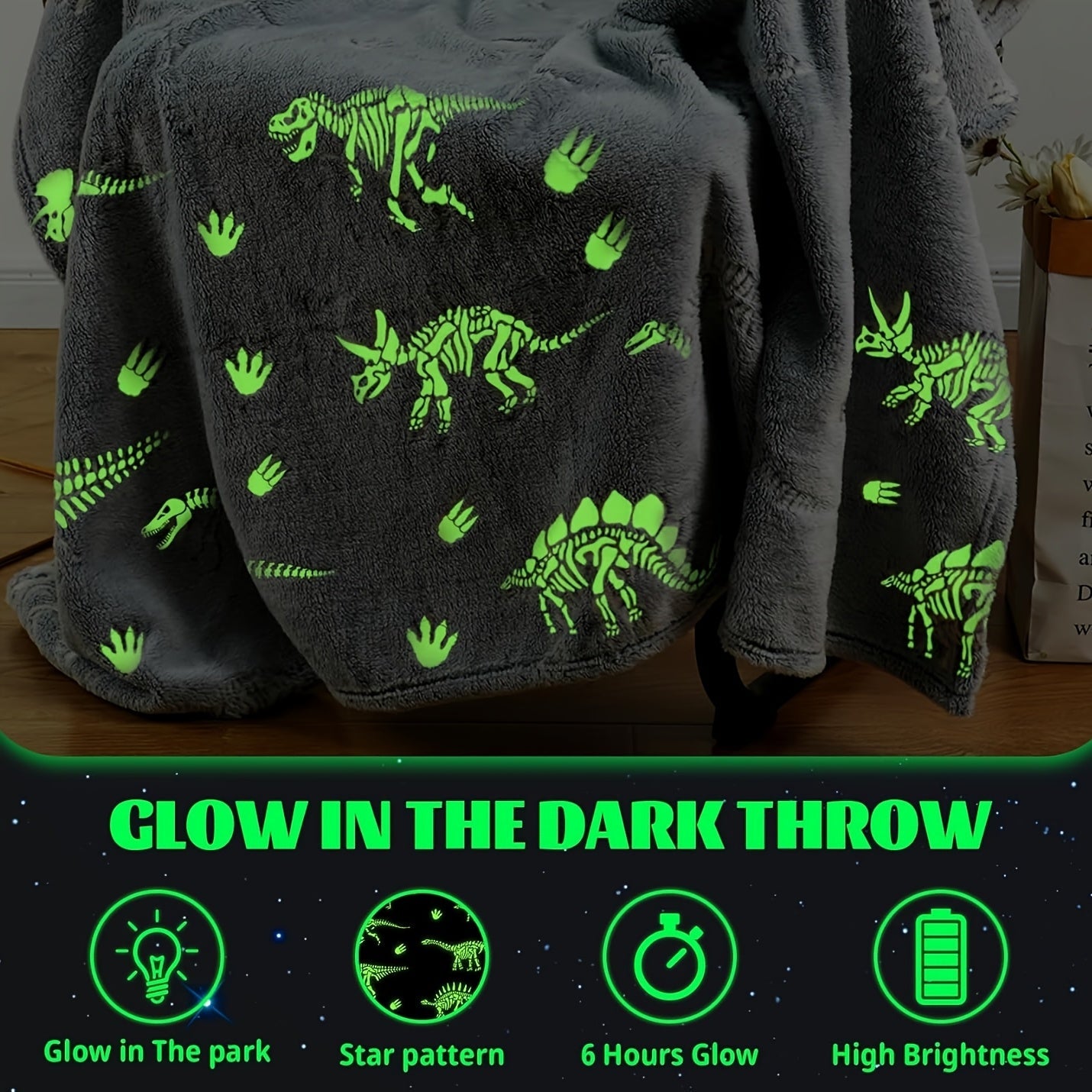 Glow in the Dark Dinosaur Flannel Throw Blanket Soft Warm for Sofa Bed Car Office