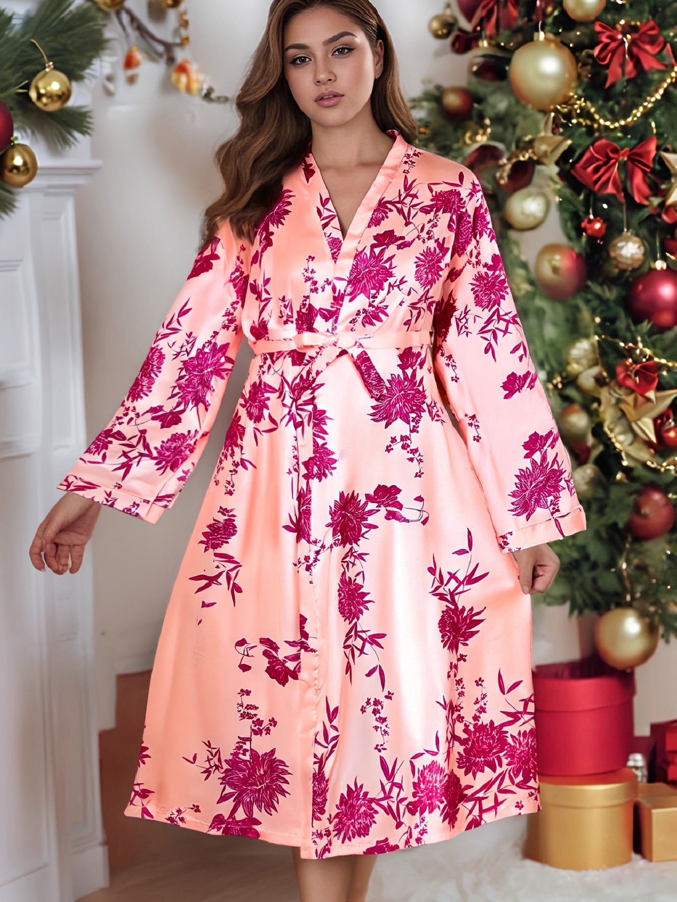 Women Plus Size Satin Floral Print Long Sleeve Robe Casual Sleepwear