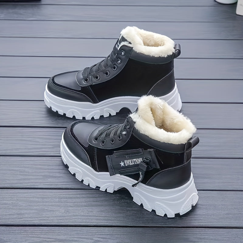 Women's Fluffy Solid Color Lace-Up Winter Snow Boots