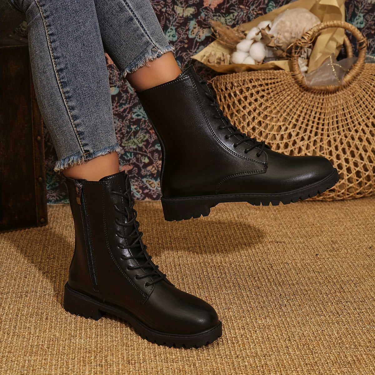 Женские ботинки в западном панк-стиле до середины икры, искусственная кожа, шнуровка, ковбойские туфли