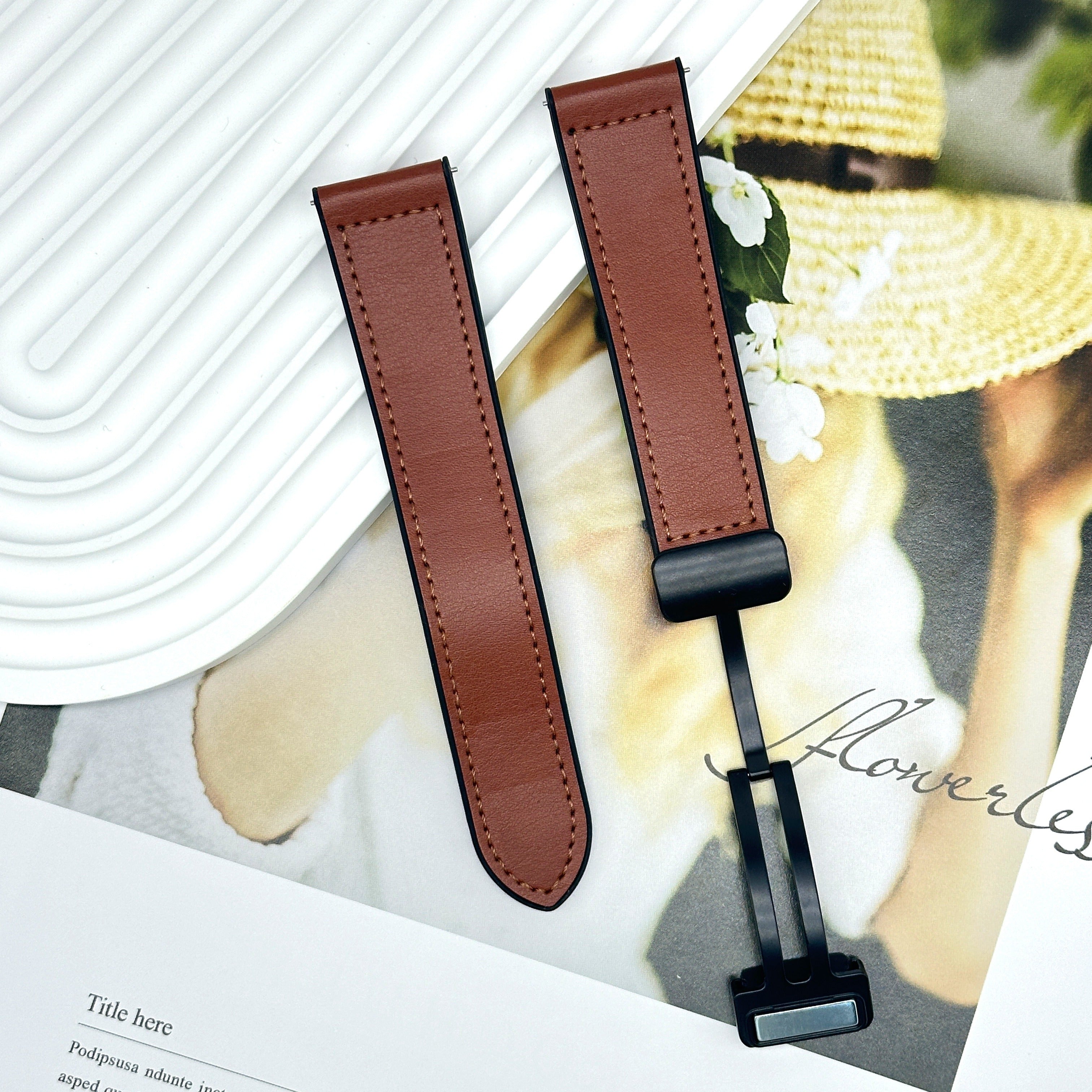 Faux Leather Watch Strap with Foldable Clasp for Galaxy, Huawei, Amazfit Smartwatches