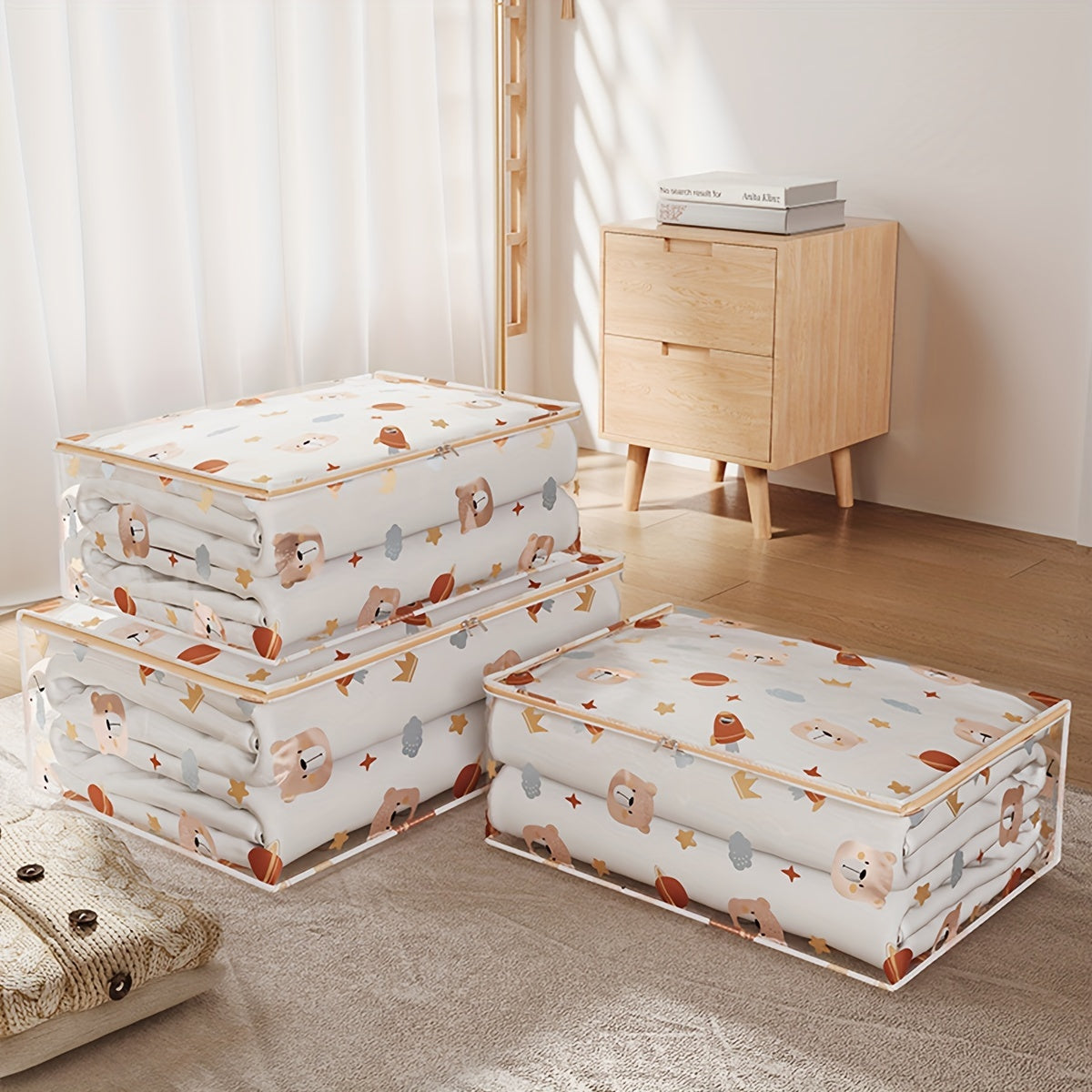 Единая большая прозрачная сумка для хранения одежды и игрушек - пылезащитный полиэстеровый органайзер с печатным дизайном, незавершенный стиль, идеален для 14 лет и старше, с возможностью самостоятельного использования.