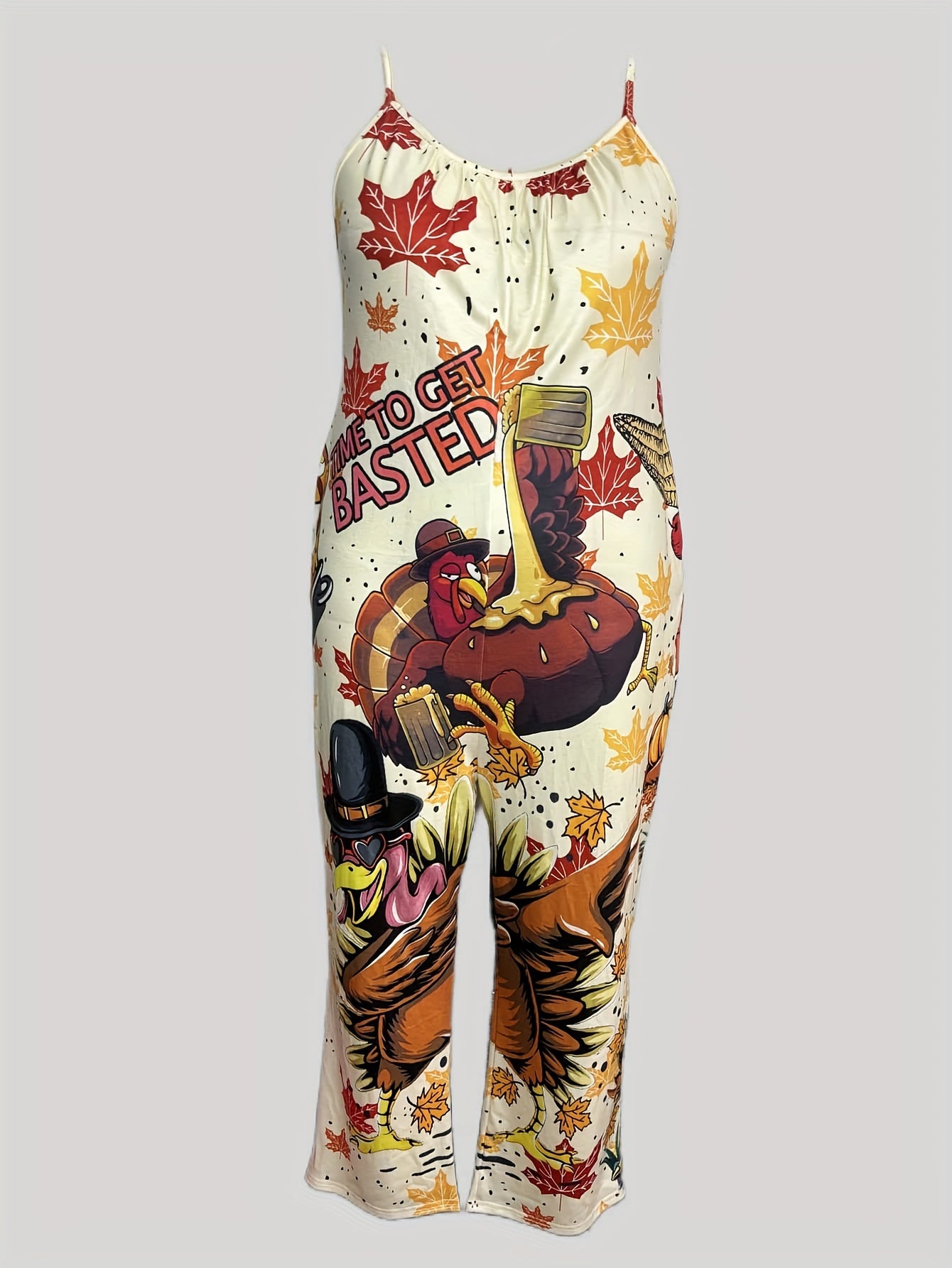 Plus Size Women Cartoon Turkey Print Jumpsuit Polyester Sleeveless Overalls