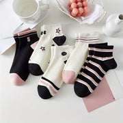 5 Pairs of Japanese Short Socks for Spring and Summer College Fashion with Letter and Striped Patterns