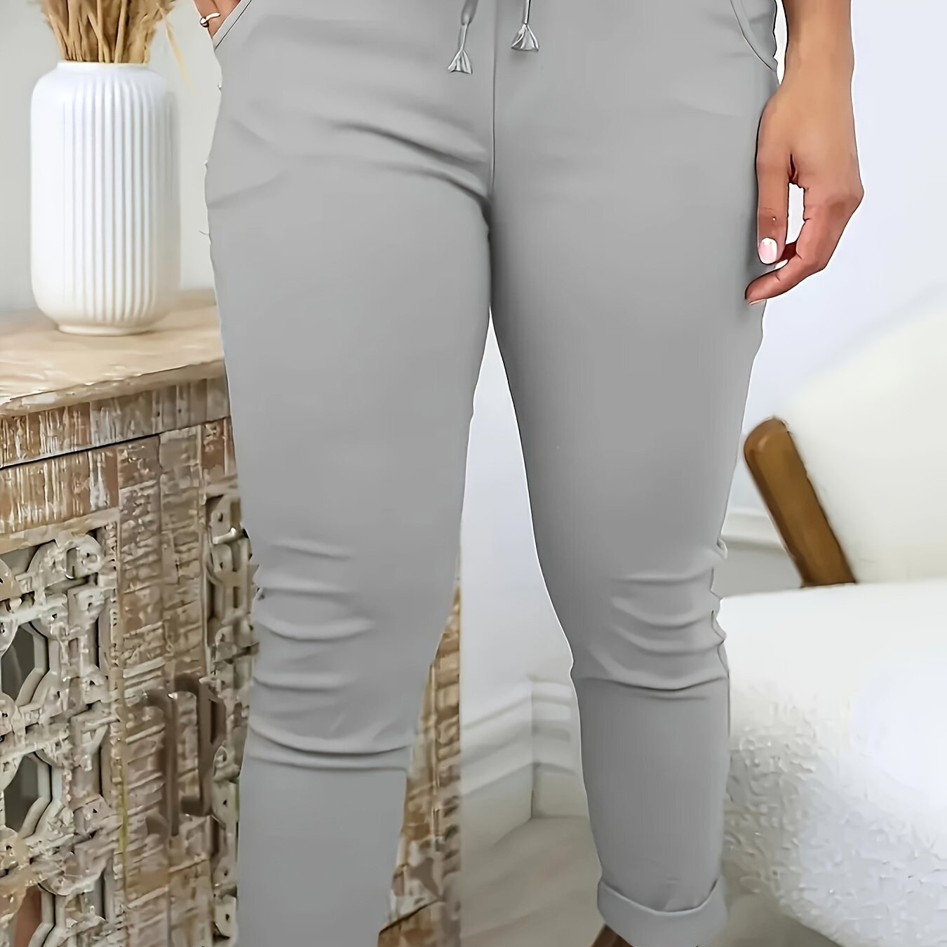 Pantalones ajustados de talla grande para mujer de color sólido, poliéster, punto, elasticidad media, cintura elástica, bolsillos