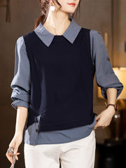 Women's Slim Faux Two-Piece Shirt Top Spring 2025 Loose Stitched