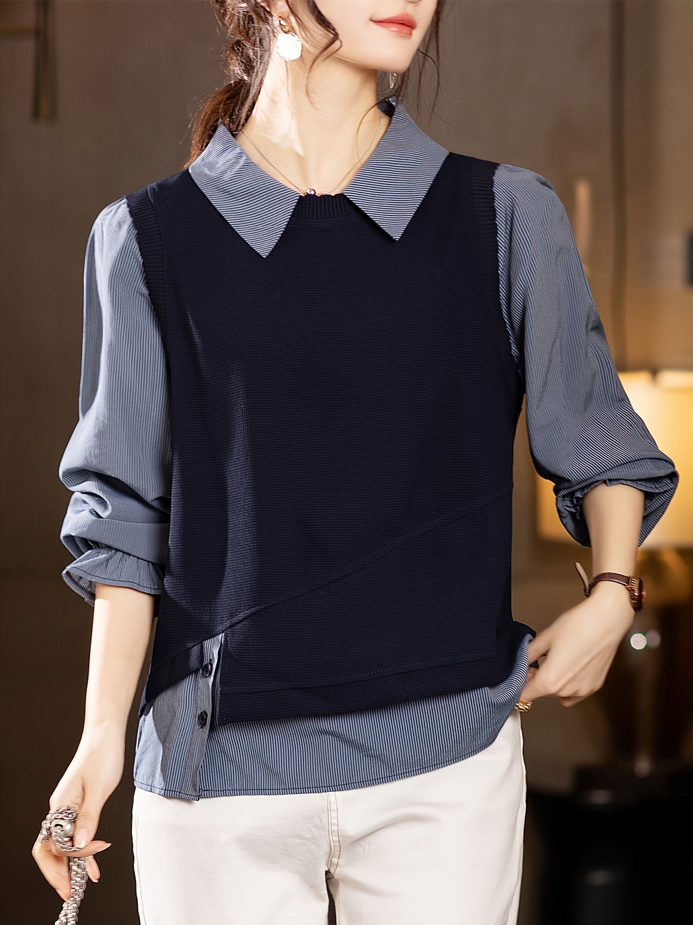 Women's Slim Faux Two-Piece Shirt Top Spring 2025 Loose Stitched