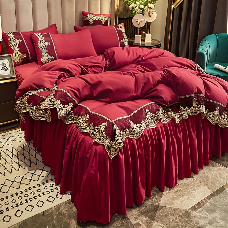 Luxury Red Lace Duvet Cover Set with Pillowcases for Bedroom or Guest Room